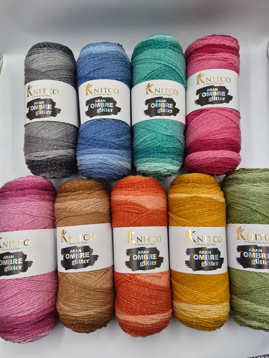 Knitco Aran Ombre Glitter 1 x 200g - 420m 95% Acrylic 5% Metallic Knitting Crochet Yarn