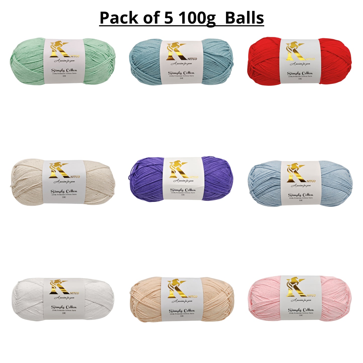 Knitco Simply Cotton DK 5 x 100g Balls 100% Premium Cotton - 250 metres - Knitting Crochet Yarn